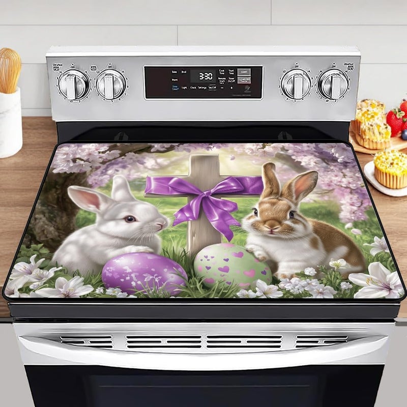 WRTCPOC Easter Theme Glass Stove Top Cover Protector,Heat Resistant Range Ceramic Stove Top Covers Mat,Easter Eggs & Bunny Cooktop Protector,Cherry Blossoms Glass Cooktop Protector - Image 1